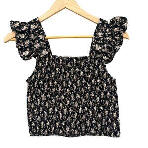 Lea Viola Smocked Top Womens Black Floral Sleeveless Ruffle Strap Pullover Sz M